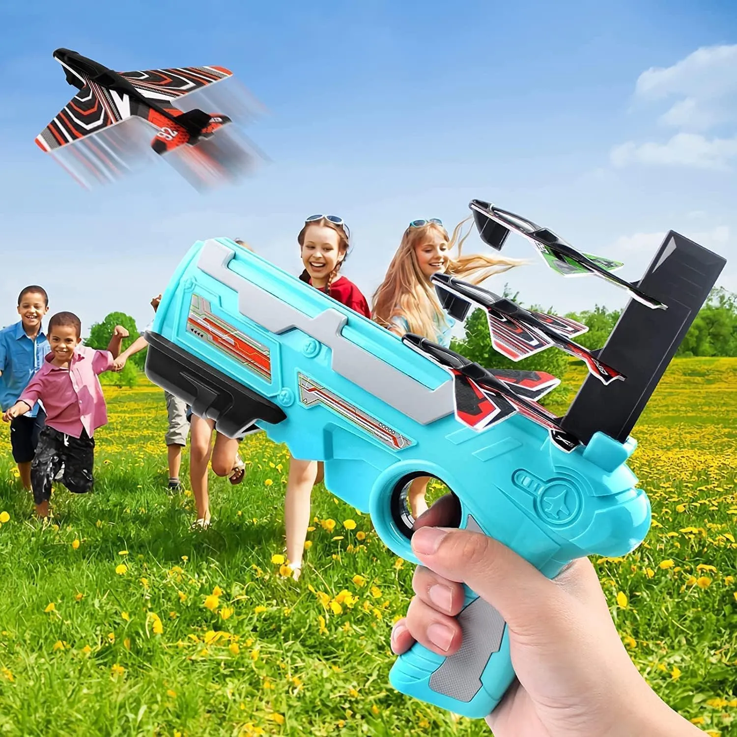 Airplane Launcher Gun Toy with Foam Glider Planes, Outdoor Games for Children, Best Aeroplane Toys for Kids, Air Battle Gun Toys  ( 5 Plane Include )