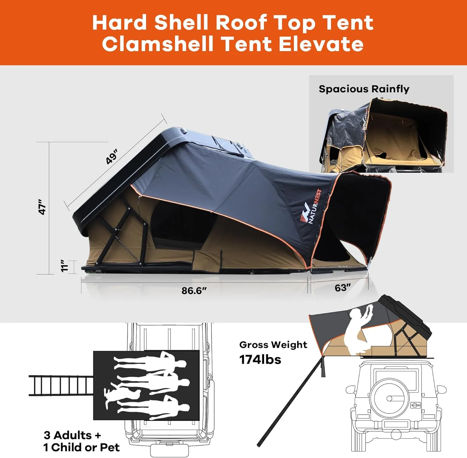 Hard Shell Rooftop Tent for 2-3 People, Quick Setup, All-Season Overland Camping Tent for SUV, Jeep, Van, and Pickup Truck