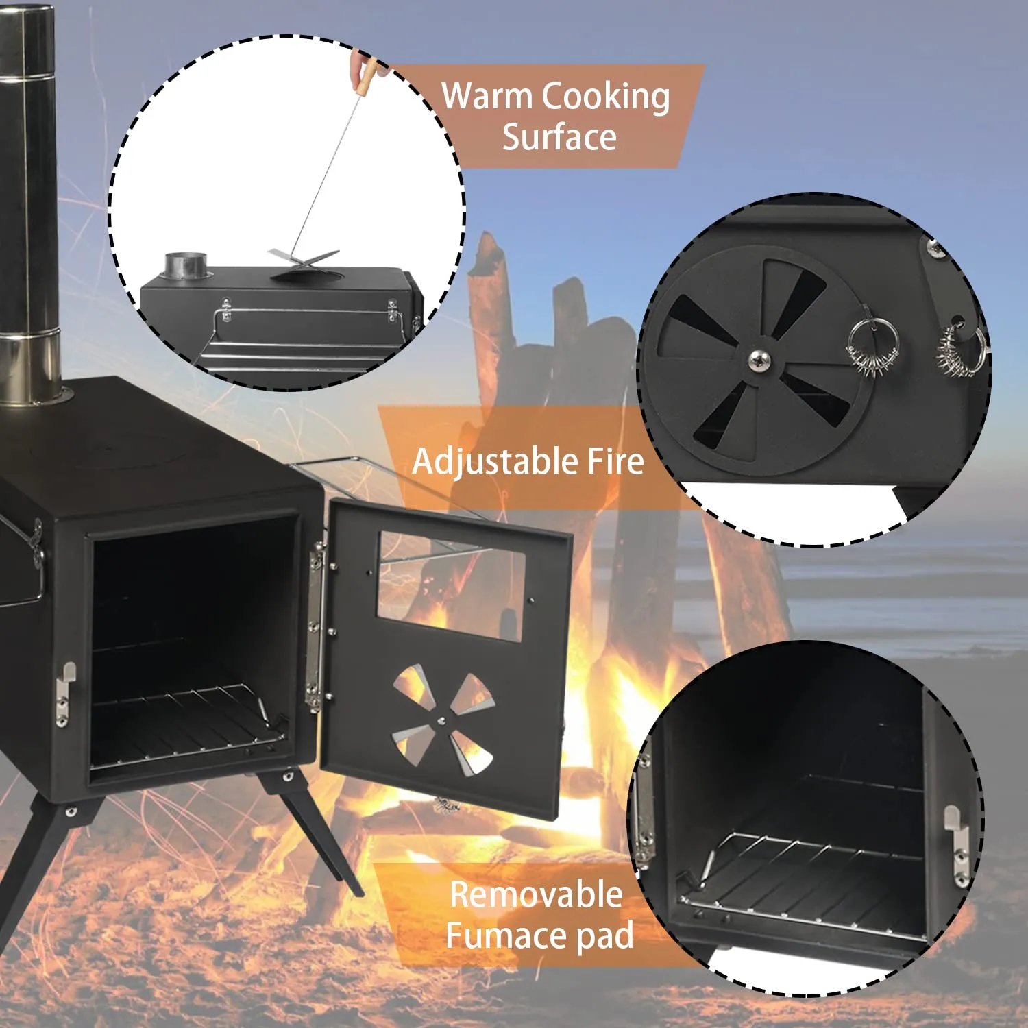 LTMEUTY Camping Wood Stove -for Tent, Portable Wood Burning Stove for Outdoor Cooking and Heating, Camping with 7 Pipes