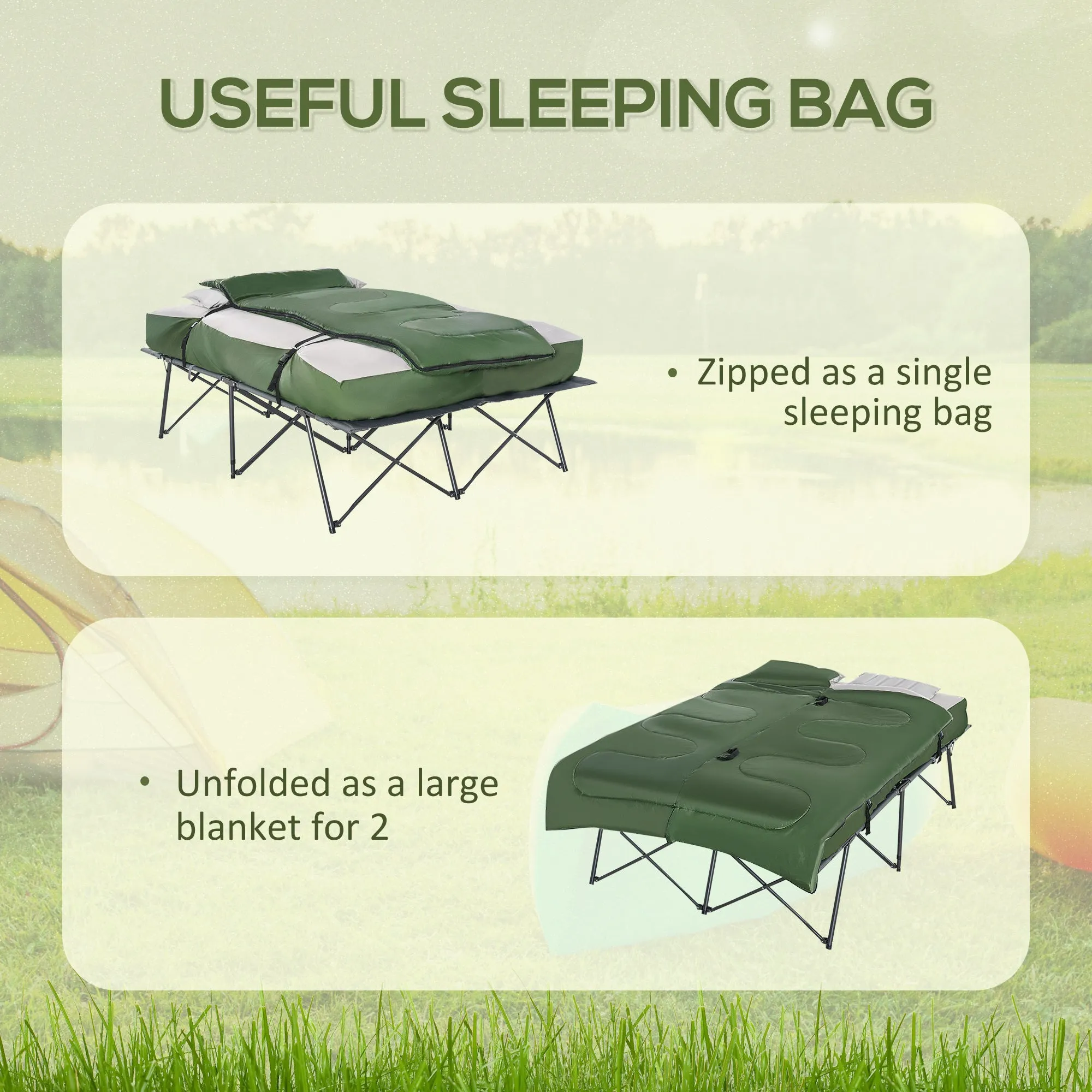 Outsunny 2-Person Folding Camping Cot Portable Outdoor Bed Set with Sleeping Bag, Inflatable Air Mattress, Comfort Pillows and Carry Bag, Soft and Comfortable for Outdoor Travel Camp Beach Vacation